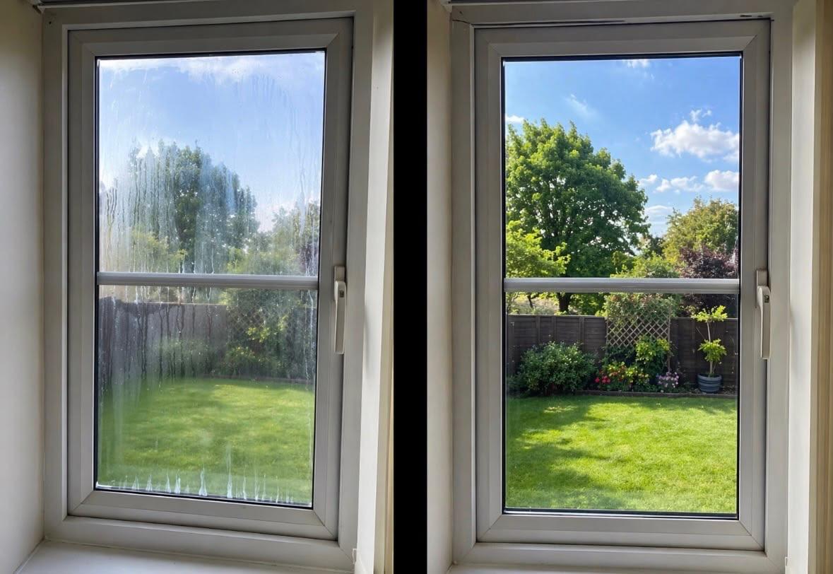 Fensterreinigung mit Gartenblick Vorher/Nachher